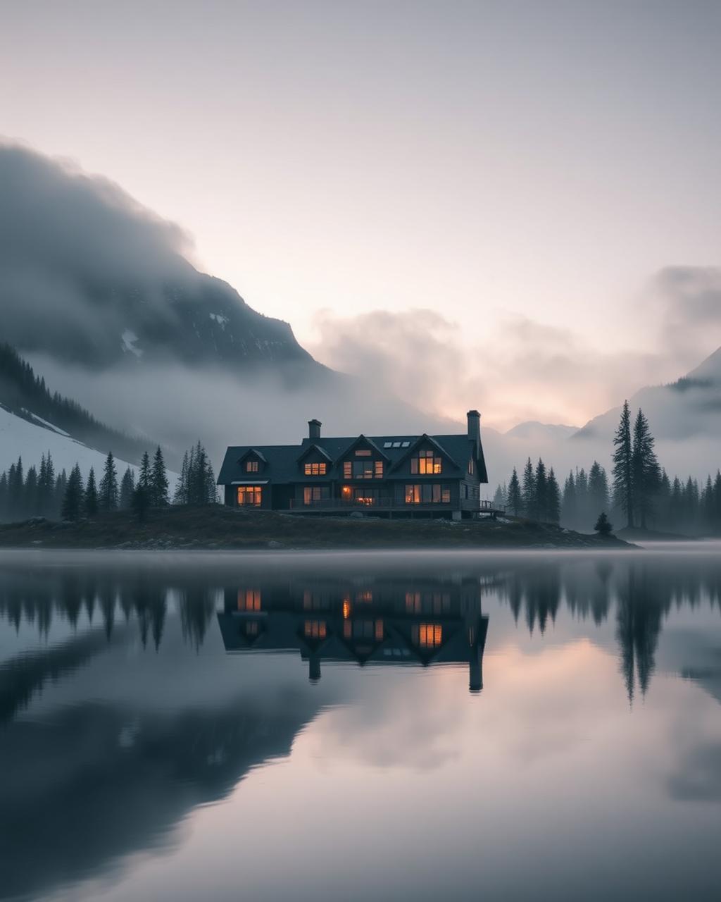 Luxury lodge beside a still mountain lake at dawn in the Canadian Rockies