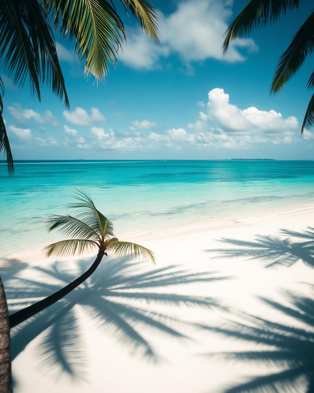 Secluded Caribbean beach with turquoise water and palm shadows