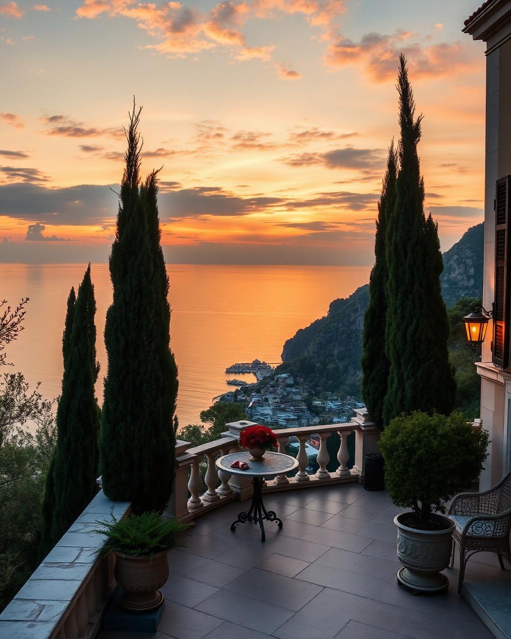 Villa terrace with cypress trees overlooking the Amalfi coast at sunset