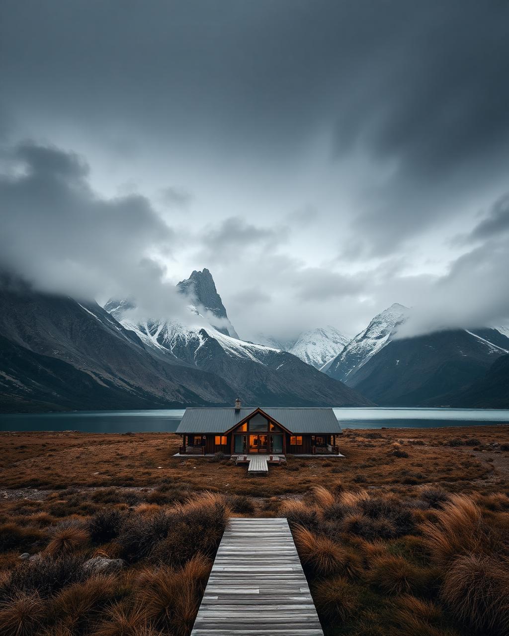 Patagonian lodge below snow-capped mountains under dramatic clouds