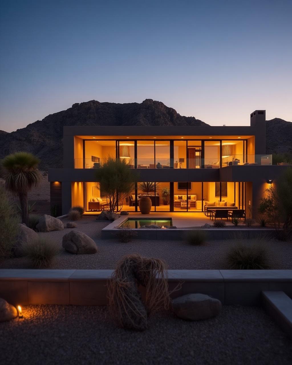 Modern desert estate in Arizona lit warmly at dusk