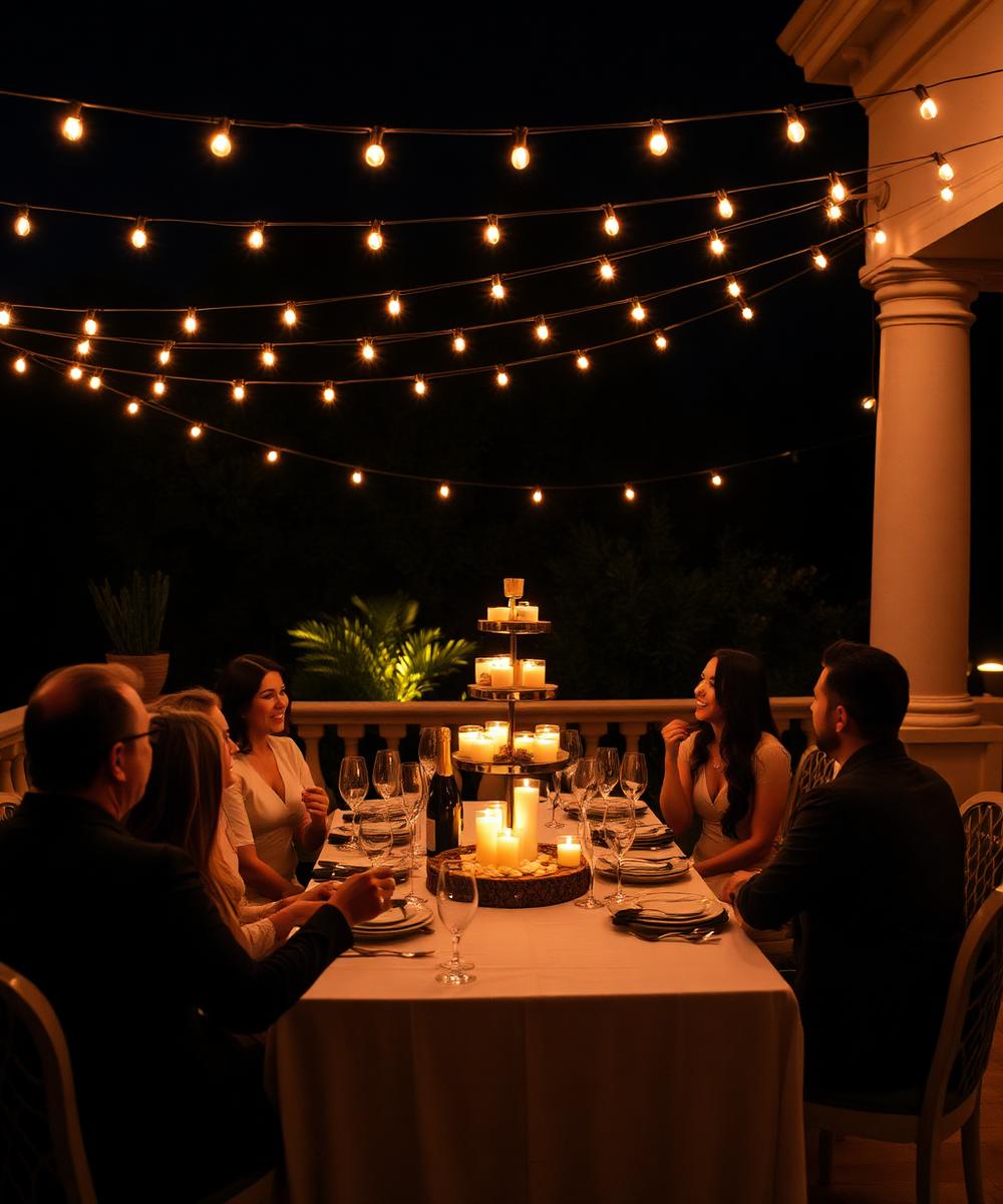 Private birthday dinner under string lights at night