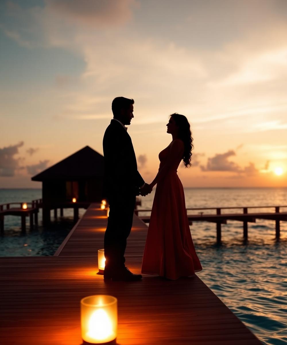 Couple on a private overwater deck at sunset