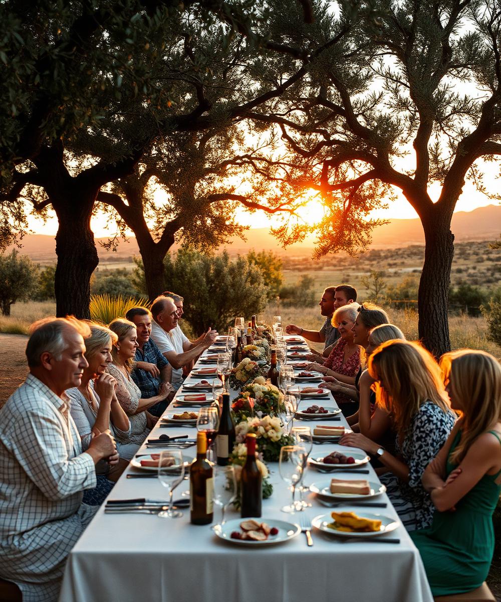 Extended family at a long outdoor table under olive trees