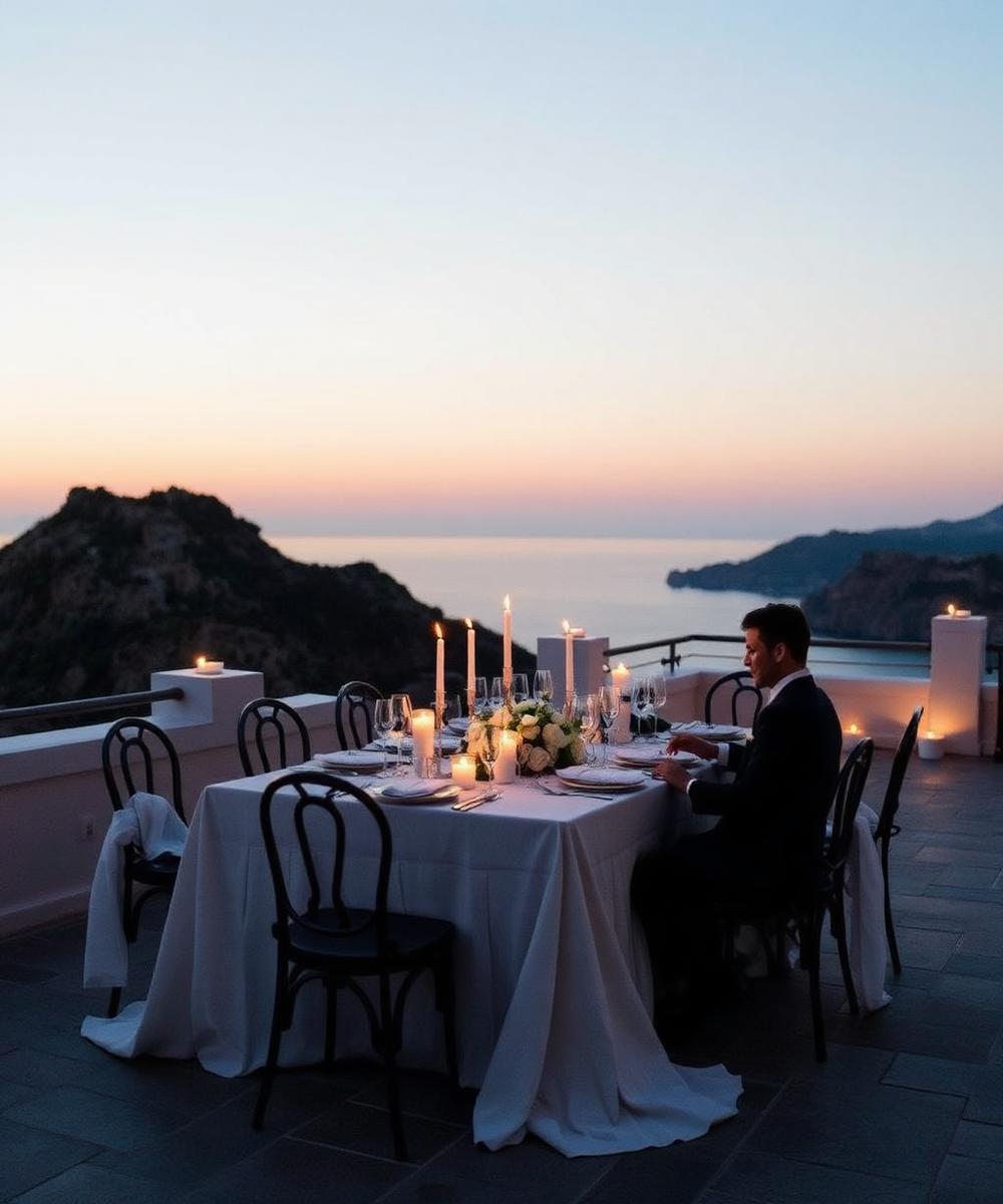 Candlelit wedding table on a cliffside terrace at dusk