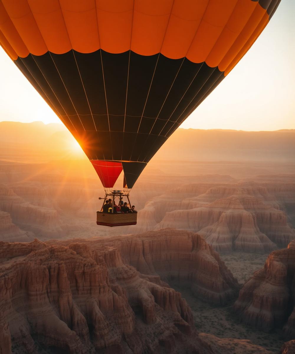 Hot air balloon drifting over a desert canyon at sunrise