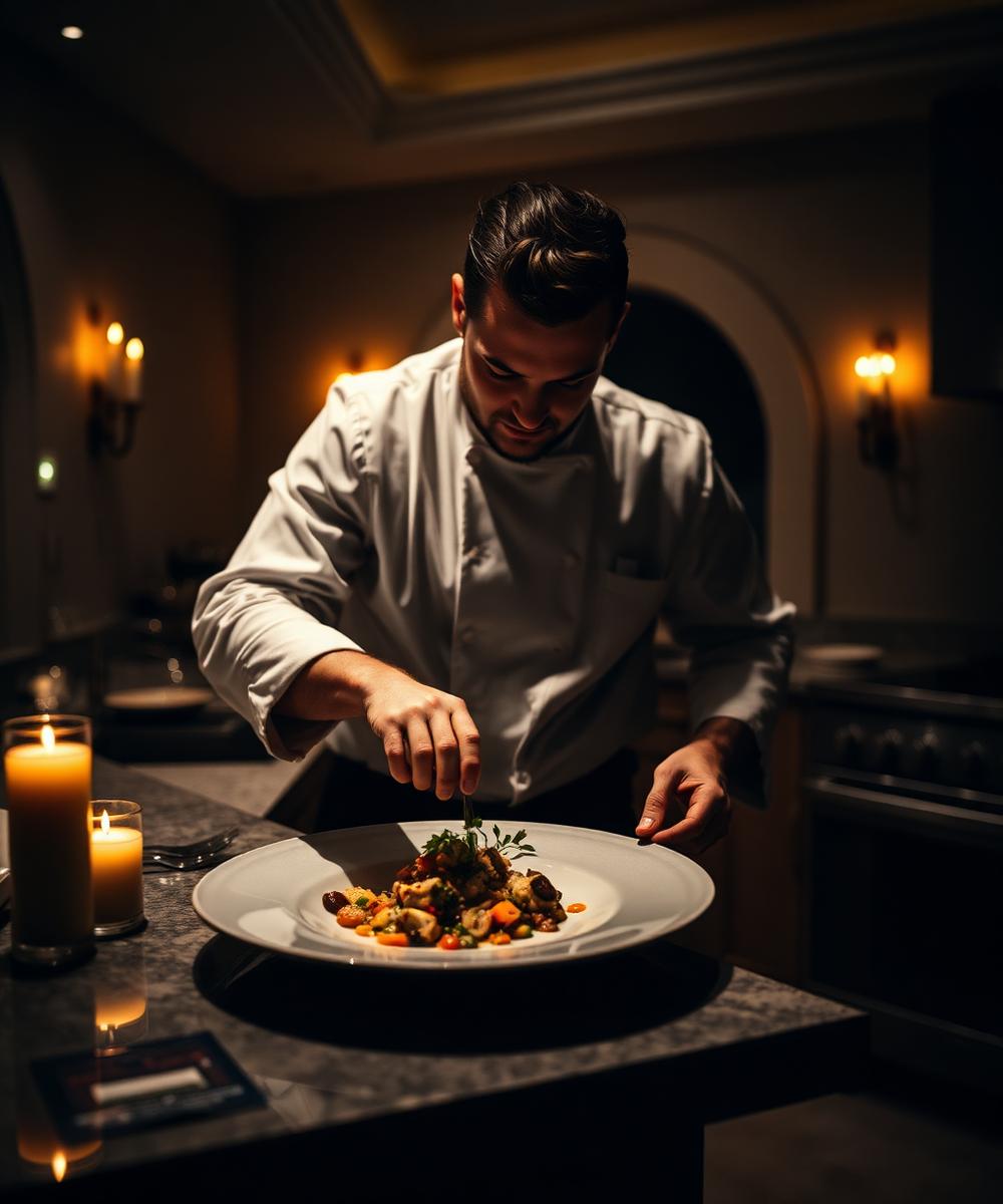Private chef plating a gourmet dish in a candlelit villa kitchen