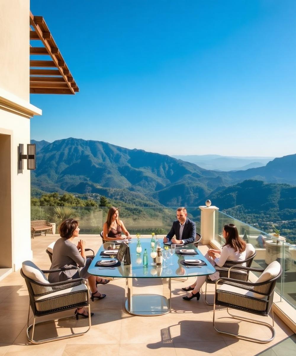 Corporate retreat meeting on a villa terrace overlooking mountains