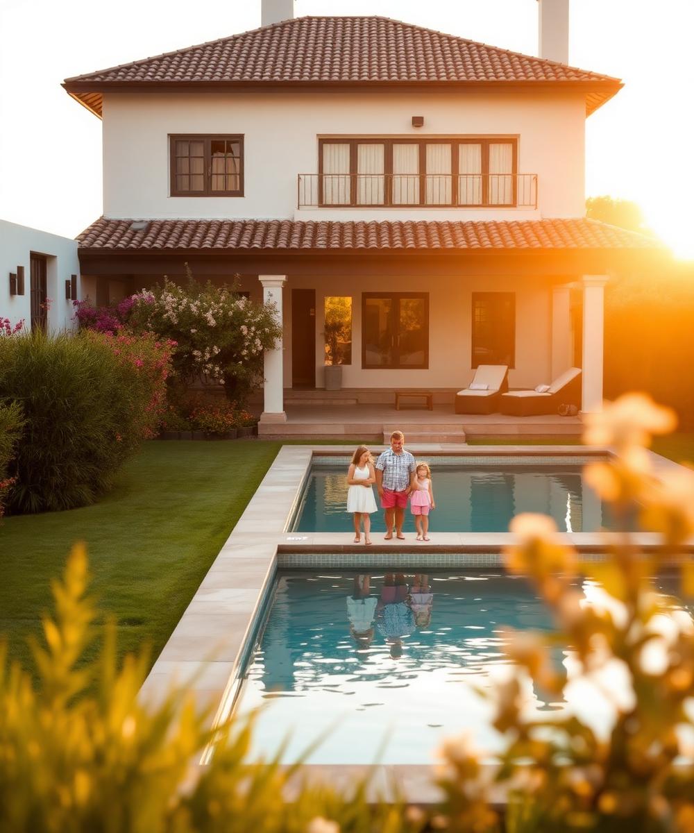 Family beside a private villa pool at golden hour