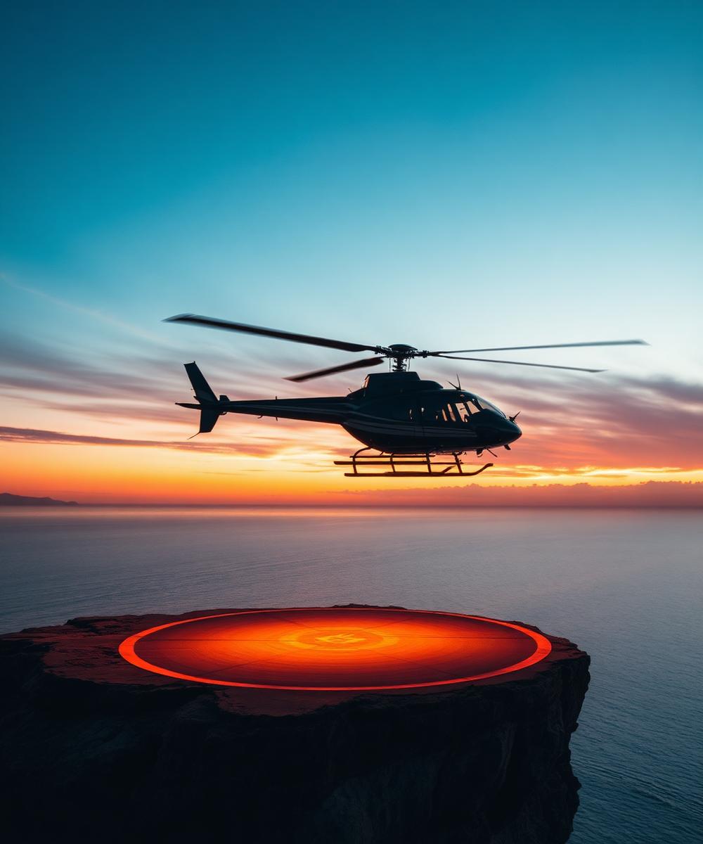 Helicopter approaching a cliffside helipad above the sea at sunset