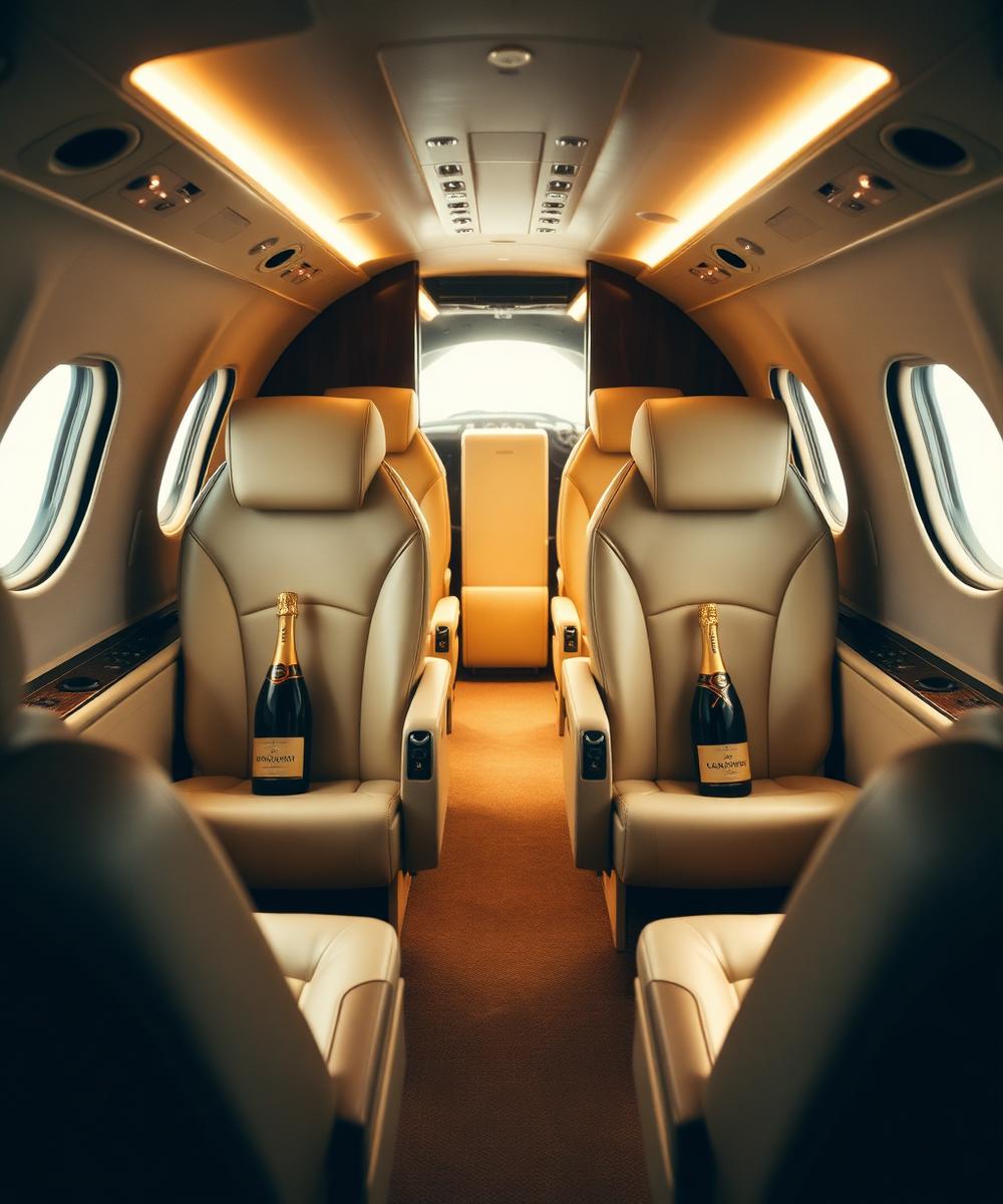 Private jet cabin with cream leather seats and champagne