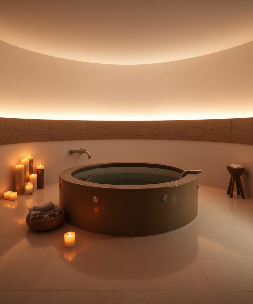 Serene spa room with a stone soaking bath and candles