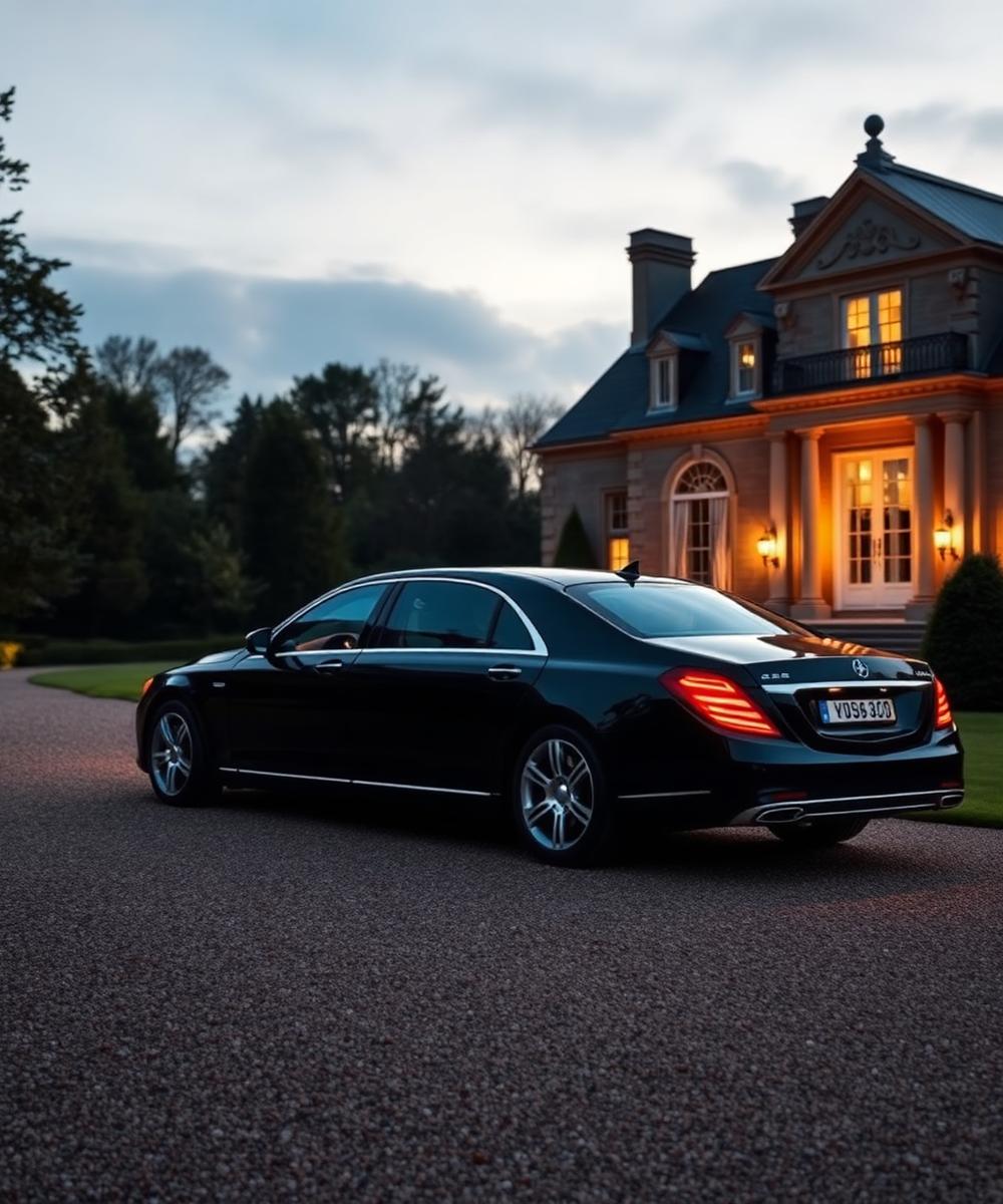 Black chauffeur car waiting on a gravel drive outside an estate