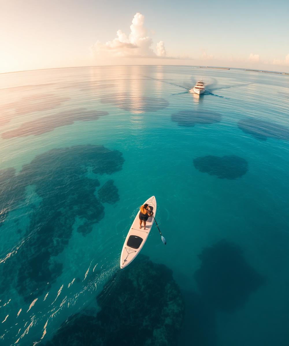 Paddleboarder on clear turquoise water beside a boat