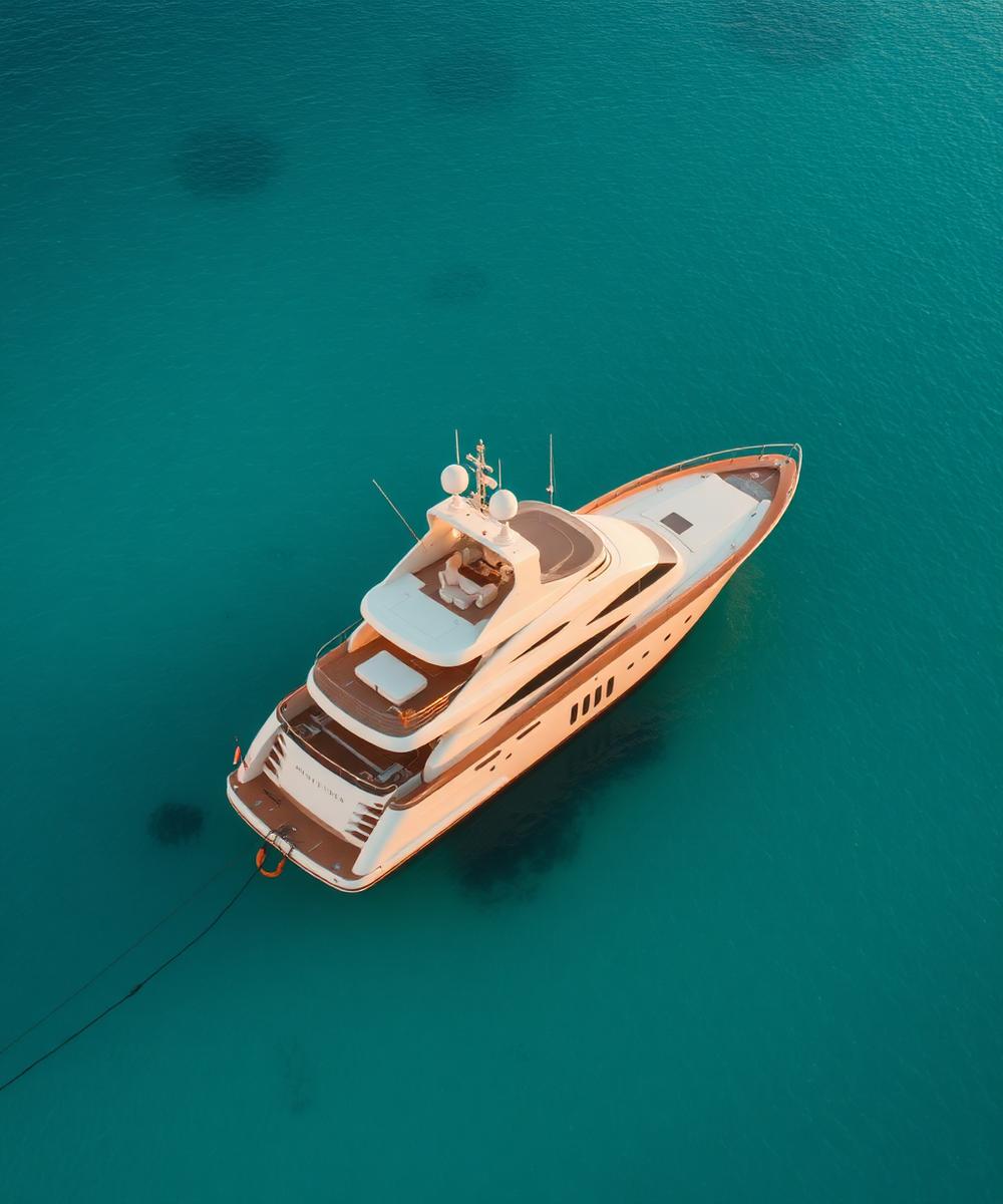 Luxury yacht anchored in a turquoise bay seen from above