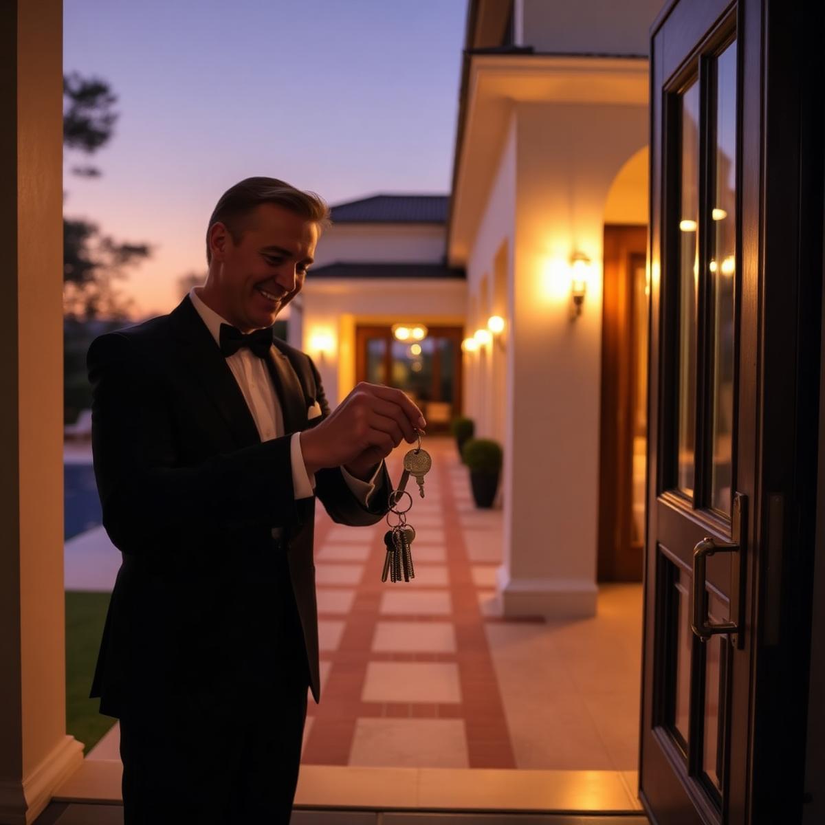 Host welcoming guests at the entrance of a luxury villa at dusk