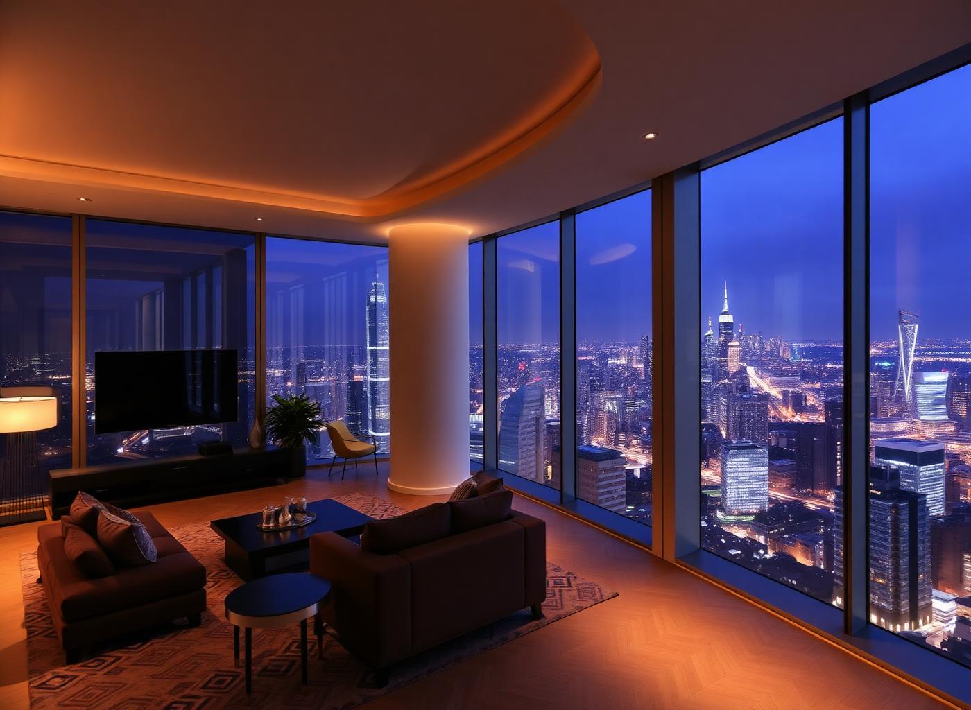 Luxury penthouse interior with floor to ceiling windows over a city skyline