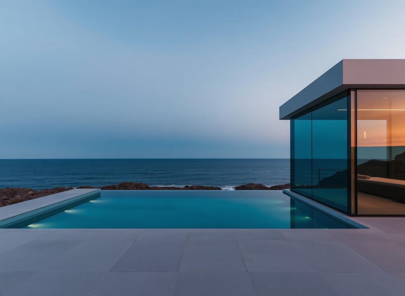 Glass beach house beside an infinity pool facing the ocean at dusk