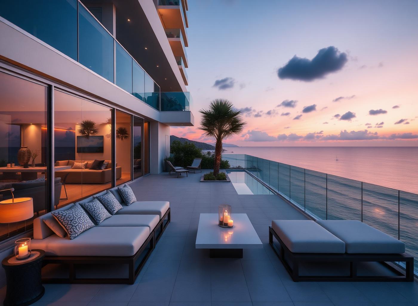 Oceanfront condo terrace with lounge furniture at sunset