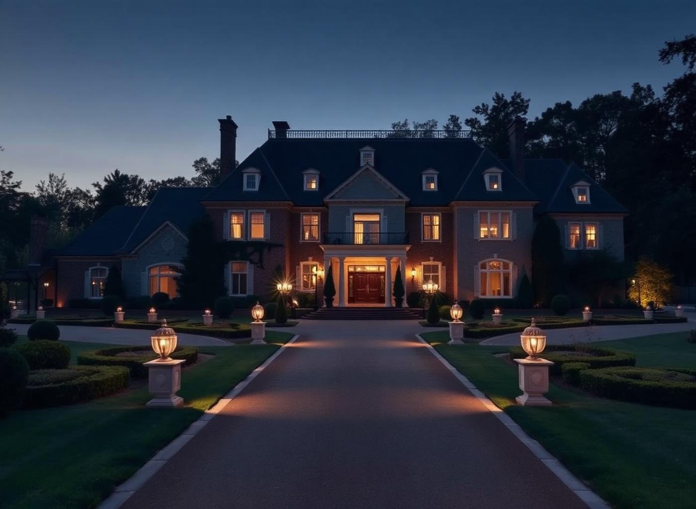 Grand private estate with manicured gardens lit at evening