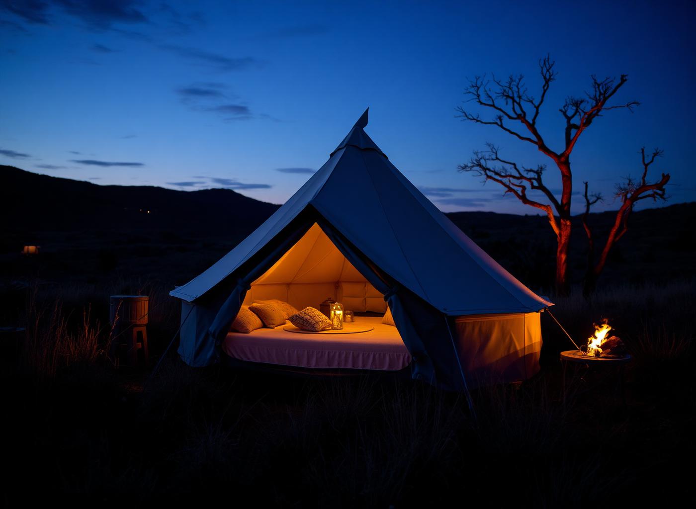 Luxury glamping tent glowing warmly at dusk in a wild landscape