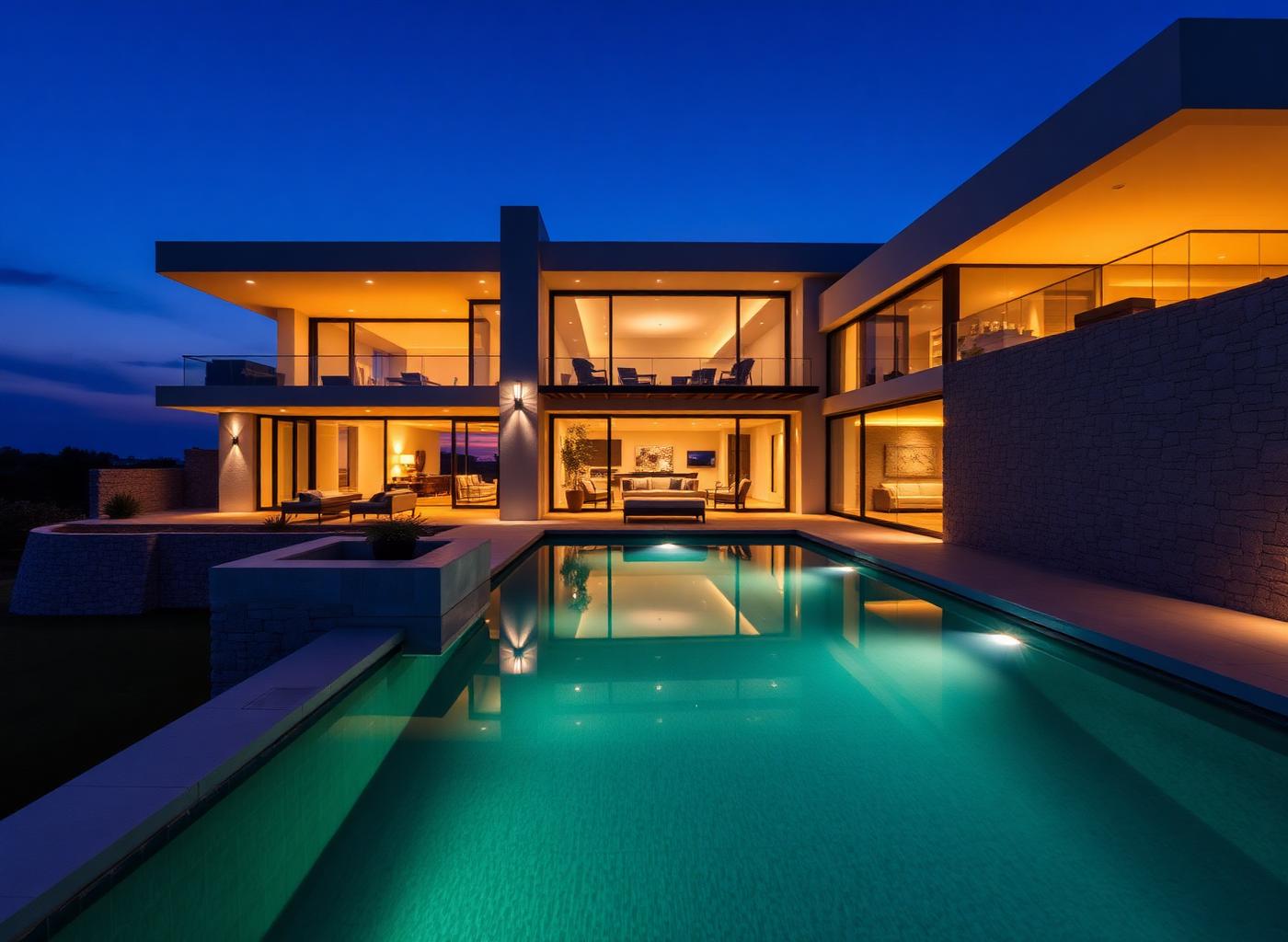 Modern luxury villa with a lit infinity pool at twilight